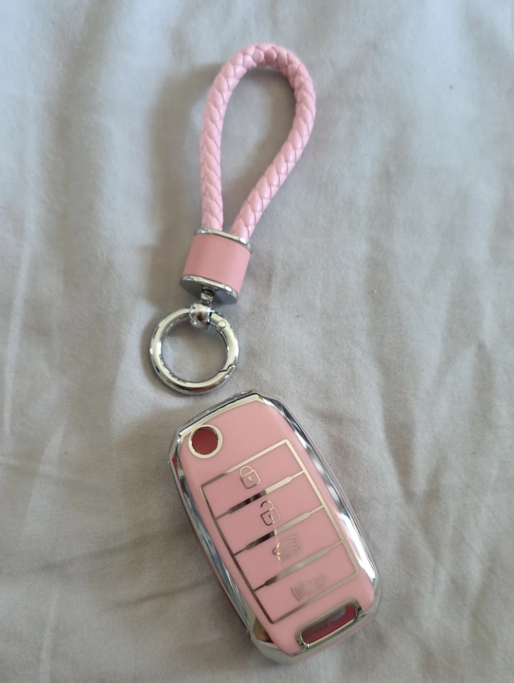 Pink Braided Keychain Car Kia Key Fob Cover with Ring